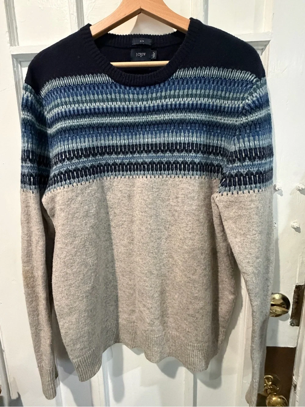 J. Crew Men's Crewneck Sweater in Navy, Blue & Light Gray Fair Isle